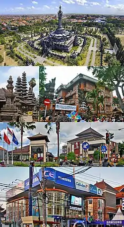 从上到下，从左到右依次为
Bajra Sandhi纪念碑、巴厘式寺庙、市场办公室大楼、巴厘式建筑的快餐店、手机店。