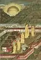 南北朝時代春日宮曼荼羅，背景為春日山，南面為春日社四所明神一殿至四殿。