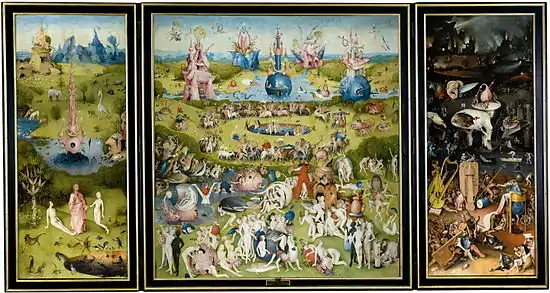 耶羅尼米斯·波希的《人間樂園》，中幅220 × 195cm，左右兩幅各220 × 97cm，約繪於1510年，1939年始藏，來自腓力二世的收藏