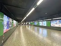 設於兩個月台中間的闊長行人通道，遠方為連接大堂的扶手電梯（2022年12月）