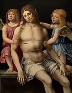弗朗切斯科·弗朗西亞（英语：）的《兩位天使哀悼基督》（Cristo in pietà fra due angeli），82.5 × 62cm，約作於1490年。
