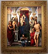 弗朗切斯科·弗朗西亞的《寶座上的聖母子與聖人們》（Madonna in trono e santi），189 × 164cm，約作於1490年。