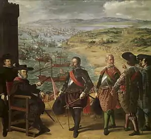 弗朗西斯柯·德·祖巴蘭的《加的斯的防守（西班牙语：）》，302 × 323cm，約繪於1634年，專為腓力四世所作，來自布恩·麗池宮（英语：）的君王大廳