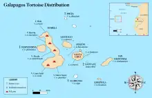 A map of the Galápagos with labels for names of the islands and their native species of tortoise