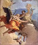 喬凡尼·巴蒂斯塔·提埃坡羅的《美德和高貴的寓意畫》（Allegoria della forza e della saggezza），35.4 × 30cm，約作於1740－1743年，來自吉安·賈科莫·波爾迪·佩佐利的藏品