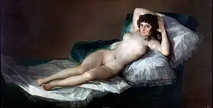 法蘭西斯科·哥雅的《裸體的馬哈》，97 × 190cm，約繪於1796－1798年，1901年始藏，來自皇家聖費爾南多美術學院