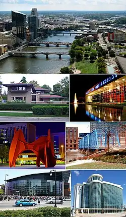 從上到下從左到右：市中心天際線、Meyer May House、傑拉爾德·福特博物館亞歷山大·考爾德的雕塑《La Grande Vitesse》、格蘭德河上的人行橋、范安德尔竞技场、大峽谷州立大學的Cook–DeVos Center