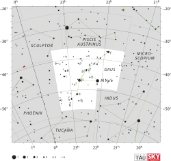 Diagram showing star positions and boundaries of the Grus constellation and its surroundings