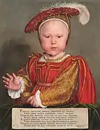 小漢斯·霍爾拜因的《孩童時期的愛德華六世》（Edward VI as a Child），56.8 × 44cm，約作於1538年，山繆·亨利·卡瑞斯購自漢諾威王朝的收藏。