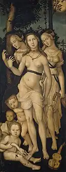 漢斯·巴爾東·格里恩的《美惠三女神》（Las tres gracias），151 × 61cm，約繪於1539年，來自腓力二世的收藏