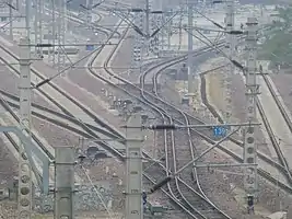 中越边境河口北站的套轨，同时嵌套1435毫米和1000毫米两种轨距的铁路