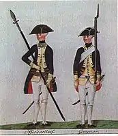 黑森軍兵畫像。黑森僱傭兵一向以善戰聞名，但他們卻在1776年的新澤西戰場立下惡名。由於英軍物資短缺，何奧准許軍隊到郊區徵集物資，但大量黑森士兵及英國士兵卻乘機搶掠強姦，不但令到英軍喪失民心，更促成了新澤西州起義。