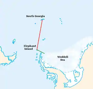 The “James Caird” journey is shown with relative locations of Antarctic continent, Elephant Island, South America and South Georgia