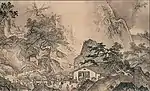 Two houses in a landscape with trees and high mountains. A large number of people is on the path leading from one house to the other.