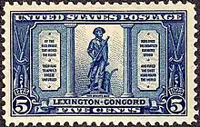 A blue postage stamp. In the middle is a is a statue of a man in 18th-century clothing. He holds a rifle, and his coat is on a plow beside him. On tablets to the immediate left and right of the statue are four stanzas of the Concord Hymn. Above is printed "United States Postage"; below, "Lexington-Concord" and "Five Cents". In the bottom corners is the numeral 5 with the year 1775 on the left and 1925 on the right.