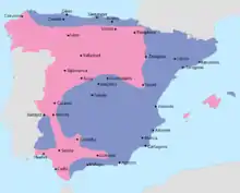 一幅西班牙地图,上面標有国民党/佛朗哥控制的西部地区,與共和派(共产主义者/无政府主义者)控制的東部地区