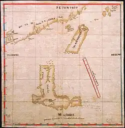 1597年西班牙科羅內爾（英语：）繪製《呂宋、艾爾摩沙島與部分中國沿岸圖》，將台灣畫成一座輪廓變形但大小位置大致正確的島，在台灣北端標有基隆港（）與淡水港（）