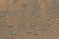 珍珠湾区地圖和主要的外形標示，歐羅姆混沌（Aureum Chaos）地形在地圖的頂端。