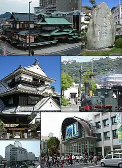 左上：道後溫泉本館右上：松山站前的正岡子規歌碑左中：松山城、右中：勝山（日语：）與城南線的少爺列車左下：石手寺（上）與松山市站（下）右下：松山銀天街（日语：）