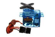 小型的RC Servo。其塑膠外殼是透明的,可以看到其中的馬達及電子設備。上方的機構為其動力來源