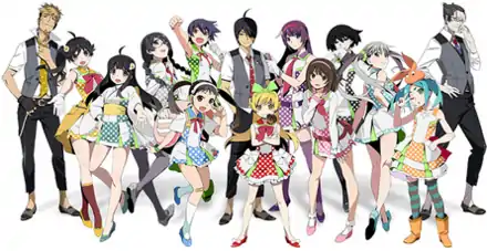 物語系列主要人物,從右至左依次為:貝木泥舟、斧乃木余接、老倉育、忍野扇、千石撫子、戰場原黑儀、忍野忍、阿良良木曆、八九寺真宵、駿河神原、羽川翼、阿良良木月火、阿良良木火憐、忍野咩咩