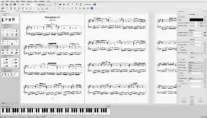 全屏模式下的MuseScore 2.0 ，示有符号面板、检视器以及琴键等元素