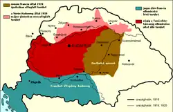 聖史蒂芬王冠領内的各大政權，1919年5月—8月

  羅馬尼亞管控地區，1919年4月
  蘇維埃匈牙利管控地區，1919年5月
  蘇維埃斯洛伐克管控區域，      實爲蘇維埃匈牙利管控
  法國軍隊及南斯拉夫軍隊管控區域
  1918年匈牙利疆域（聖史蒂芬王冠領）
  1920年匈牙利疆域（匈牙利王國）