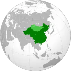 淺綠色：北洋政府治下的外蒙古（1920年）深綠色：中華民國实际控制范围