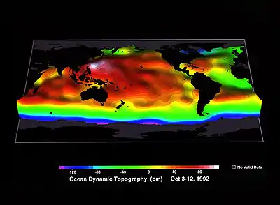 Map of global variations in sea level (1992) via TOPEX/Poseidon.