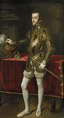 提齊安諾的《腓力二世肖像畫（英语：）》，193 × 111cm，約繪於1551年，1827年始藏，來自腓力二世的收藏