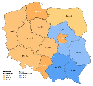 2009年歐洲波蘭選區結果,公民綱領在9個選區中領先,法律與公正黨在4個選區中領先