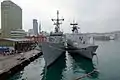 2017年敦睦遠航訓練支隊訪問基隆，停泊東五號碼頭的張騫軍艦（左）與西寧軍艦（PFG-1203，右）。攝於磐石軍艦（AOE-532）艦尾直升機甲板。