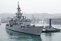 由海軍港務拖船協助，從基隆港東4號碼頭離岸的蘭陽軍艦