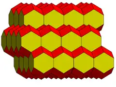 Part of a tessellation of space using rhombo-hexagonal dodecahedra