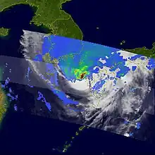 熱帶降雨測量任務衛星在9月17日拍攝的珊珊圖像,顯示風暴登陸時產生的降雨量,其中強降雨位於九州西端的中心附近。暴風雨來臨前,大範圍的小到中雨區域向外延伸。