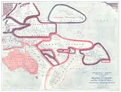 1921年的太平洋政治形勢圖，標示「日本委任統治」（Japanese Mandate）範圍內為南洋群島
