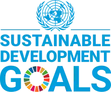 聯合國可持续发展目标的標誌,上面有聯合國的標誌,下方有Sustainable Development Goals的文字,其中的字母O,上面有彩虹的顏色