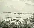 1876年的哨船頭，圖右有旗杆的建築為打狗海關，左邊帆船前的兩層樓建築為打狗海關稅務司。
