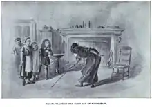 《Tituba Teaching the First Act of Witchcraft》，畫家不明，出自亨麗埃塔·D·金博爾和傑歐·A·金博爾所寫的《Witchcraft Illustrated》，1892年