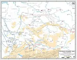 Map with scattered blue lines showing the French army heading east towards Central Europe. The Russians are still moving through Eastern Europe.