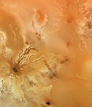View of lava flows radiating from the volcano Ra Patera on Io.