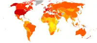 (右圖)有不同顏色的世界地圖,上面的顏色表示2001-2003年各國人民的食物熱量攝取量,其中北美、歐洲及澳洲的攝取量較1971年還高,亞洲的攝取量也較1971年要高,但非洲的攝取量仍較低