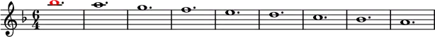 \relative g'
{
\time 6/4
\key f \major
\override Voice.NoteHead.color = #(rgb-color 1 0 0)bes'1. \override Voice.NoteHead.color = #(rgb-color 0 0 0)a1. g1. f1. e1. d1. c1. bes1. a1.
}