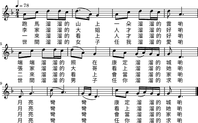 \layout {line-width = 161} \new Staff \with {midiInstrument = "violin"} \relative {\tempo 4 = 78 \time 2/4 \key f \major
a'8 c d d16 c d8.(a16) g4 a8 c d d16 c d8 a4. \break
a8 c d d16 c d8(a) g4 c8 a g16(a) g f g8 d4. \break
d8 g4. c8(a4.) g16(f d4.) c'8 a g16(a) g f g8 d4. \bar "|."
}
\addlyrics {
跑 馬 溜 溜 的 山 上 一 朵 溜 溜 的 雲 喲
端 端 溜 溜 的 照 在 康 定 溜 溜 的 城 喲
月 亮 彎 彎 康 定 溜 溜 的 城 喲
}
\addlyrics {
李 家 溜 溜 的 大 姐 人 才 溜 溜 的 好 喲
張 家 溜 溜 的 大 哥 看 上 溜 溜 的 她 喲
月 亮 彎 彎 看 上 溜 溜 的 她 喲
}
\addlyrics {
一 來 溜 溜 的 看 上 人 才 溜 溜 的 好 喲
二 來 溜 溜 的 看 上 會 當 溜 溜 的 家 喲
月 亮 彎 彎 會 當 溜 溜 的 家 喲
}
\addlyrics {
世 間 溜 溜 的 女 子 任 我 溜 溜 的 愛 喲
世 間 溜 溜 的 男 子 任 你 溜 溜 的 求 喲
月 亮 彎 彎 任 你 溜 溜 的 求 喲
}