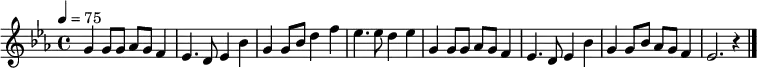 \relative c' {
\key c \minor
\clef treble
\tempo 4 = 75
\time 4/4
g'4 g8 g8 aes8 g8 f4| ees4. d8 ees4 bes'4|
g4 g8 bes8 d4 f4| ees4. ees8 d4 ees4|
g,4 g8 g8 aes8 g8 f4| ees4. d8 ees4 bes'4|
g4 g8 bes8 aes8 g8 f4| ees2. r4 \bar "|."
}
\addlyrics {
てぃ ん さ ぐ ー ぬ は ー な や
ち み さ ち に す ー み てぃ
う や ぬ ゆ ー し ぐ ー とぅ や
ち む に す ー み り
}
\addlyrics {
てぃ ん ぬ む ー り ぶ ー し や
ゆ み ば ゆ ま り ー し か
う や ぬ ゆ ー し ぐ ー とぅ や
ゆ み や な ー ら ぬ
}