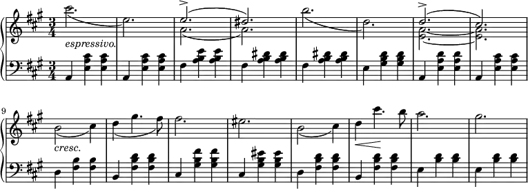 \relative c' {
\new PianoStaff <<
\new Staff { \key fis \minor \time 3/4
<<
{
s2. s e'2.->( dis2.) s2. s2. d2.->( cis)
}
\\
{
cis'2._\markup { \italic espressivo. }( e,) a,2.( a2.) b'2.( d,2.) <a e>~ <a e> b2_\markup { \italic cresc. }( cis4) d( gis4. fis8) fis2. eis b2( cis4) d\< cis'4.\! b8 a2. gis
}
>>
}
\new Dynamics {
}
\new Staff { \key fis \minor \time 3/4 \clef bass
a,,,4 <e' a cis> <e a cis> a,4 <e' a cis> <e a cis> fis <a b e> <a b e> fis <a b dis> <a b dis> fis <a b dis> <a b dis> e <gis b d> <gis b d> a,4 <e' a d> <e a d> a,4 <e' a cis> <e a cis> d <fis b> <fis b> b, <fis' b d> <fis b d> cis <gis' b fis'> <gis b fis'> cis, <gis' b eis> <gis b eis> d <fis b d> <fis b d> b, <fis' b d> <fis b d> e <b' d> <b d> e, <b' d> <b d>
}
>>
}