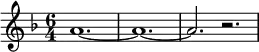 \relative g'
{
\time 6/4
\key f \major
a1.~ a1.~ a2. r2.
}