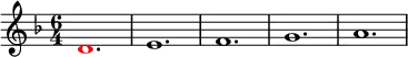 \relative g'
{
\time 6/4
\key f \major
\override Voice.NoteHead.color = #(rgb-color 1 0 0)d1. \override Voice.NoteHead.color = #(rgb-color 0 0 0)e1. f1. g1. a1.
}