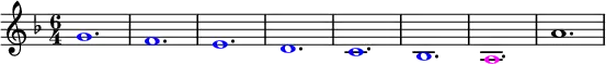 \relative g'
{
\time 6/4
\key f \major
\override Voice.NoteHead.color = #(rgb-color 0 0 1 )g1. f1. e1. d1. c1. bes1. \override Voice.NoteHead.color = #(rgb-color 1 0 1 )a1. \override Voice.NoteHead.color = #(rgb-color 0 0 0 )a'1.
}