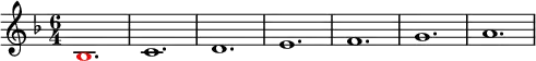 \relative g'
{
\time 6/4
\key f \major
\override Voice.NoteHead.color = #(rgb-color 1 0 0)bes,1. \override Voice.NoteHead.color = #(rgb-color 0 0 0)c1. d1. e1. f1. g1. a1.
}